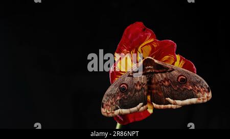 Night Butterfly - Saturnia Pyri, Giant Peacock Moth Sits On Red Tulip Flower Stock Photo