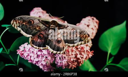 European Night Butterfly - Saturnia Pyri, Giant Peacock Moth On Lilac Branch Stock Photo