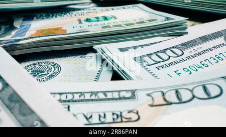 Dollars Wads, money background. Macro view USD currency banknotes, finance. Stock Photo