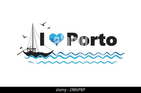 Porto city, Portugal. Horizontal banner with Lettering Porto and traditional portuguese boat in sea and flying gulls silhouette. Stock Vector