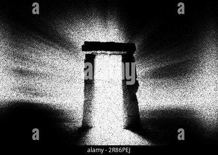 Ancient ruins in sci-fi scene with dotwork retro style. Mysterious gate debris with dramatic lights and retro texture. Stock Vector