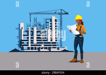 Scene of a builder looking at a blueprint and the building under construction in the background. Vector illustration Stock Vector