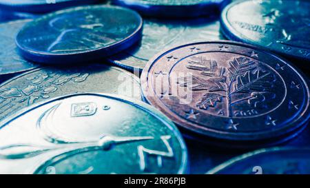 Macro view coins different world currencies. Finance, money, cents, tips concept Stock Photo