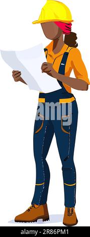Woman construction worker reading a plan isolated on white background. Vector illustration Stock Vector