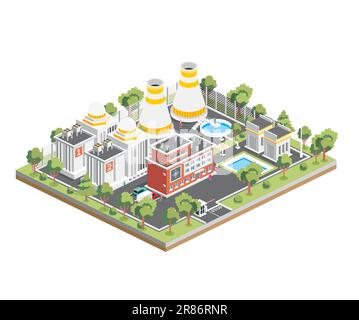 Isometric Nuclear Power Plant. Clean Energy. Generate Electricity. Exterior View of Nuclear Reactor. Vector Illustration. Infographic Element Isolated Stock Vector
