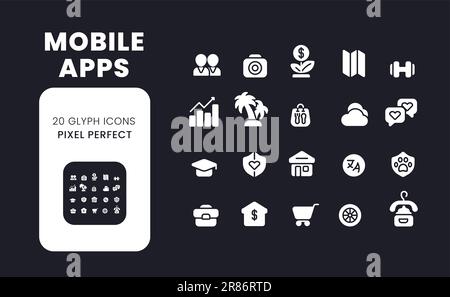 Mobile apps white solid desktop icons set Stock Vector