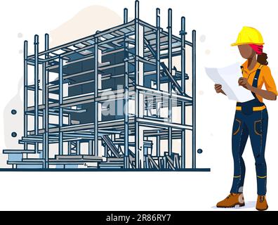 Woman builder reading a plan on construction site isolated on white background. Vector illustration Stock Vector
