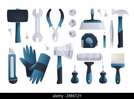 Construction repair tools. Flat screwdriver wrench hammer pliers brush, technical building instruments for home and office. Vector isolated set. Blue Stock Vector