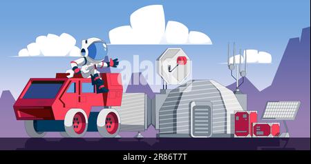 Astronaut on alien planet. Cartoon space exploration mission, rover on Mars surface and satellite antena, space exploration concept. Vector illustrati Stock Vector