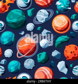 Space pattern. Seamless print of cartoon universe with stars and planets, cosmic galaxy with asteroids and comets design. Vector texture. Fantastic ou Stock Vector