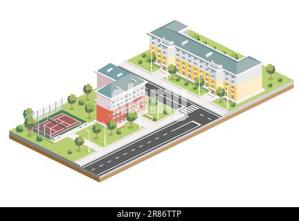 Isometric Residential District. Two Five Storey Buildings. Hotel with Tennis Court. Infographic Element. Vector Illustration. City Architecture. Stock Vector