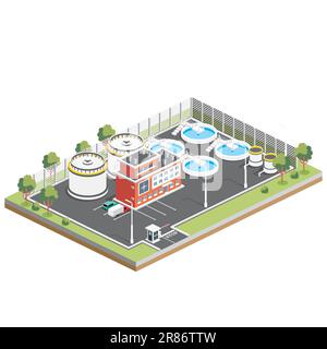 Isometric Wastewater Treatment Facility. Infographic Design Element Isolated on White Background. Vector Illustration. Ecology of Water Resources. Stock Vector