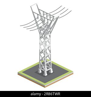 Isometric High Voltage Transmission Line. Vector Illustration. Element of Distribution Chain. Electric Pylon Isolated on White Background. Stock Vector