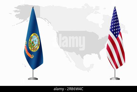 Idaho US and USA flags for official meeting against background of world map. Stock Vector