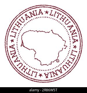 Lithuania round rubber stamp with country map. Vintage red passport stamp with circular text and stars, vector illustration. Stock Vector