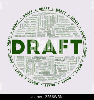 Draft - round badge. Text draft with keywords word clouds and circular text. Donegal Green color theme and grunge texture. Stylish vector illustration Stock Vector