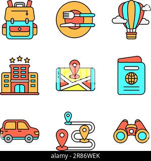Tourism and Travel Icons Set in Colored Line Style Stock Vector