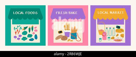 Set of illustrations of the local market. Fair of homemade products. Vegetables and fruits, fresh baked goods, dairy and eggs. Tents for trade in the Stock Vector