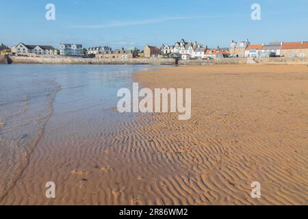 Sandy beach and shoreline at low tide in the seaside coastal village of Elie, East Neuk, Fife, Scotland, UK. Stock Photo