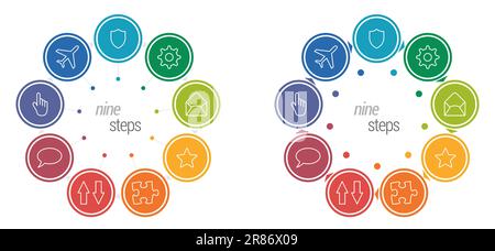 Nine circles each different color, connected with triangle arrows forming one larger circle - multiple steps process infographics Stock Vector