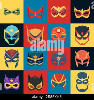 Vector Super Hero Masks Set in Flat Style. Face Character, Superhero Comic Book Mask Collection. Superhero Photo Props, Women and Men Masks, Carnival Stock Vector