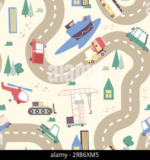 Cute kids transport pattern. Seamless print of colorful cartoon kid transportation vehicles, children street transport backdrop. Vector texture. Nurse Stock Vector