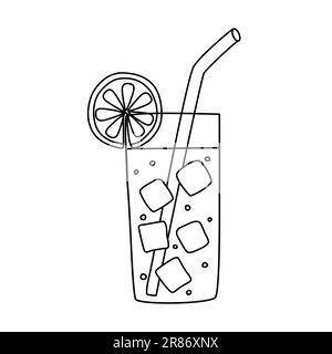 Soft drink, juice or summer cocktail with ice cubes in glass, doodle style flat vector outline illustration for kids coloring book Stock Vector