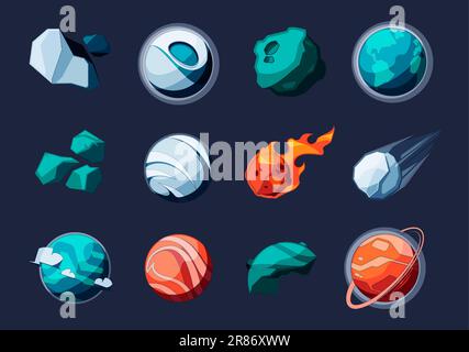 Planets and asteroids. Sci-Fi universe cartoon rock meteorites, funny game user interface asset of comic space asteroids and sphere meteorites. Vector Stock Vector