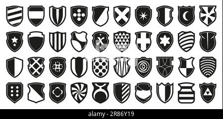 Heraldic shields logo. Army security and military badge icons, game clans and royal army individual symbol, protection concept. Vector certificate and Stock Vector