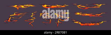 Volcano lava crack texture effect in ground vector. Broken earth with magma glow top view isolated on dark background. Destruction on hell floor surfa Stock Vector