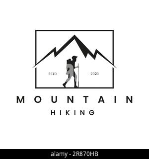 A mountain climber silhouette illustration, depicting a hiker. A premium vector logo with a vintage retro style Stock Vector
