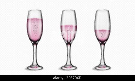 Flute glass with rose pink bubble wine isolated vector on transparent background. Realistic wedding party sparkling prosecco wineglass toast. Luxury g Stock Vector