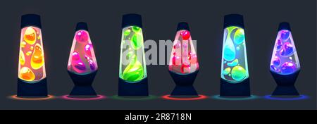 Isolated retro lava lamp vector neon light graphic set. Psychedelic magma luminous illustration with pink, green, red and purple shining float bubbles Stock Vector