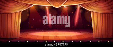 Theater concert stage with curtain cartoon scene background. Opera show spotlight in empty school hall for comedy performance. Open platform for opera Stock Vector