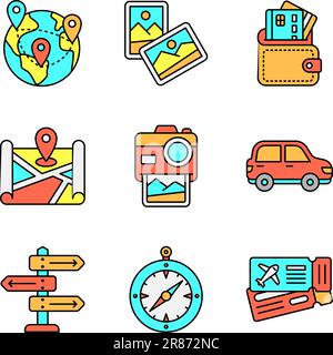 Tourism and Travel Icons Set in Colored Line Style Stock Vector