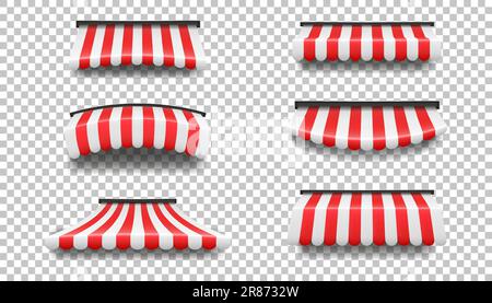 3d awning. Store roof or window canopy, red and white striped textile, food shop, farmers market or cafe tent. Building exterior isolated colorful ele Stock Vector