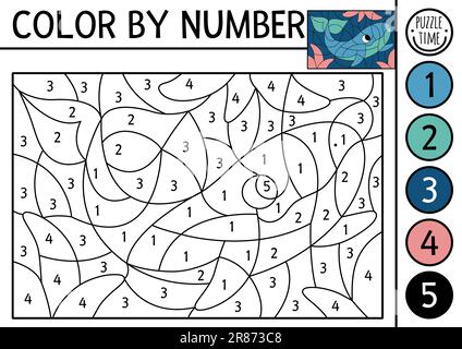 Vector under the sea color by number activity with whale and seaweeds. Ocean life scene. Black and white counting game with water animal. Coloring pag Stock Vector