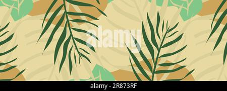 Vector abstract background with tropical leaves. Wide summer or spring banner. Vector illustration Stock Vector