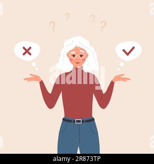 Elderly woman choose yes or no. Aged lady making decision in doubt. Problem solving. Concept of choice or selection. Vector illustration in flat Stock Vector