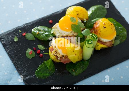 Potato burgers with quail egg Stock Photo