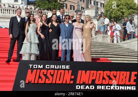 British actor Cary Elwes, Canadian actor Henry Czerny, US actor Esai Morales, US actor Greg Tarzan Davis, British actor Simon Pegg, British actor Frederick Schmidt, US actor Shea Whigham (from L first row) Cuban, Italian and US actress Mariela Garriga, Swedish actress Rebecca Ferguson, British-US actress Hayley Atwell, US film director Christopher McQuarrie, US producer and actor Tom Cruise, French actress Pom Klementieff and British actress Vanessa Kirby arrive at the Spanish Steps ahead of the premiere of 'Mission: Impossible - Dead Reckoning Part One' movie in Rome on June 19, 2023. Pho Stock Photo