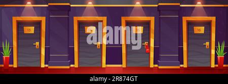 Hotel hallway corridor with apartment room door in building. Lobby interior with closed bedroom with lamp and light in motel aisle. Hostel or condomin Stock Vector