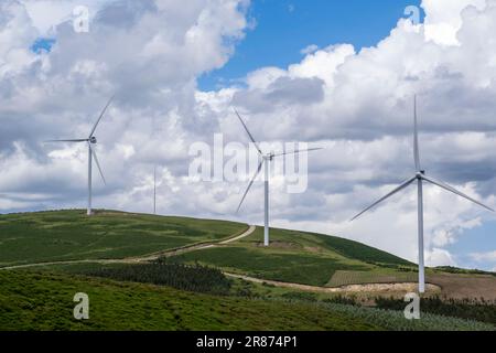 Windmills Energy Farm at the top of a mountain in Spain. Wind Turbines. Stock Photo