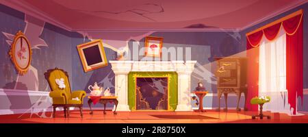 Old house room interior in victorian style. Antique living room with broken fireplace, dirty vintage furniture and mess. Empty abandoned living room, Stock Vector