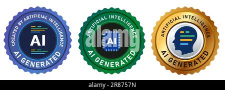 AI Generated emblem stamp label badge of artificial intelligence tag head line of code gold blue green color Stock Vector