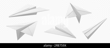 Realistic set of 3D paper planes isolated on transparent background. Vector illustration of origami toy aircraft flying in air. Symbol of message chat Stock Vector