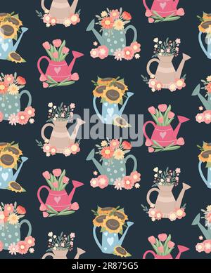 Vector summer pattern with watering cans and bouquets of flowers on a dark background. Horticultural texture with floral arrangements in original vase Stock Vector