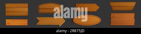 Wooden signs, boards and banners different shapes. Arrow signboard from wood plank, old timber panels isolated on transparent background, vector reali Stock Vector