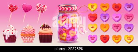 Colorful conversation candies, caramel lollipops and muffins isolated on pink background. Vector cartoon illustration of heart shape sweets with love Stock Vector