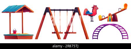 Cartoon set of playground equipment isolated on white background. Vector illustration of sandbox with toy bucket, wooden, swing, ladder, horse spring Stock Vector